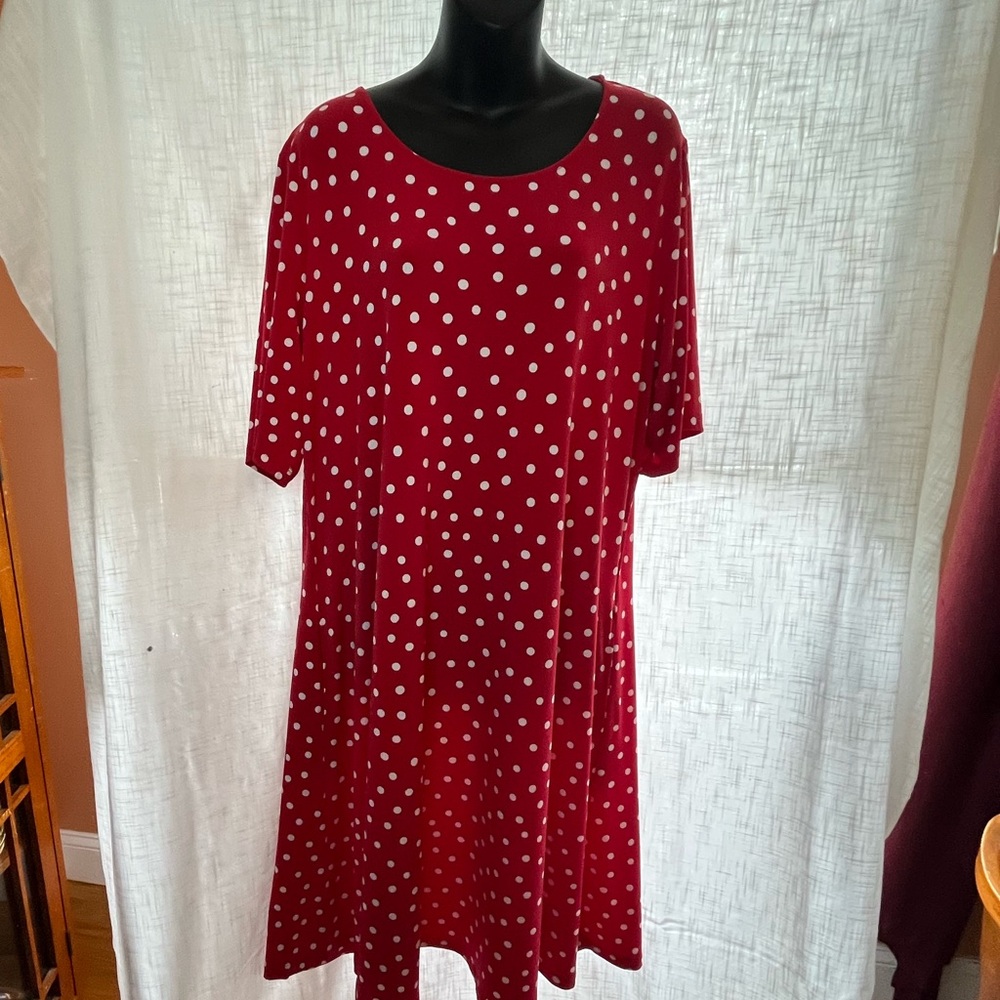 Susan Graver Red White Polka Dot short sleeve comfy stretch swing Dress size XL - Picture 2 of 7